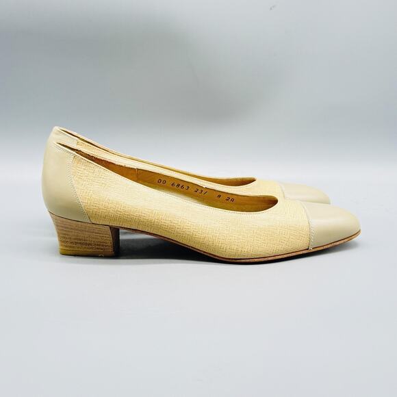 Salvatore Ferragamo Shoes Womens 8 Beige Slip On Pumps Cap Toe Low Heel Dress - Picture 1 of 13